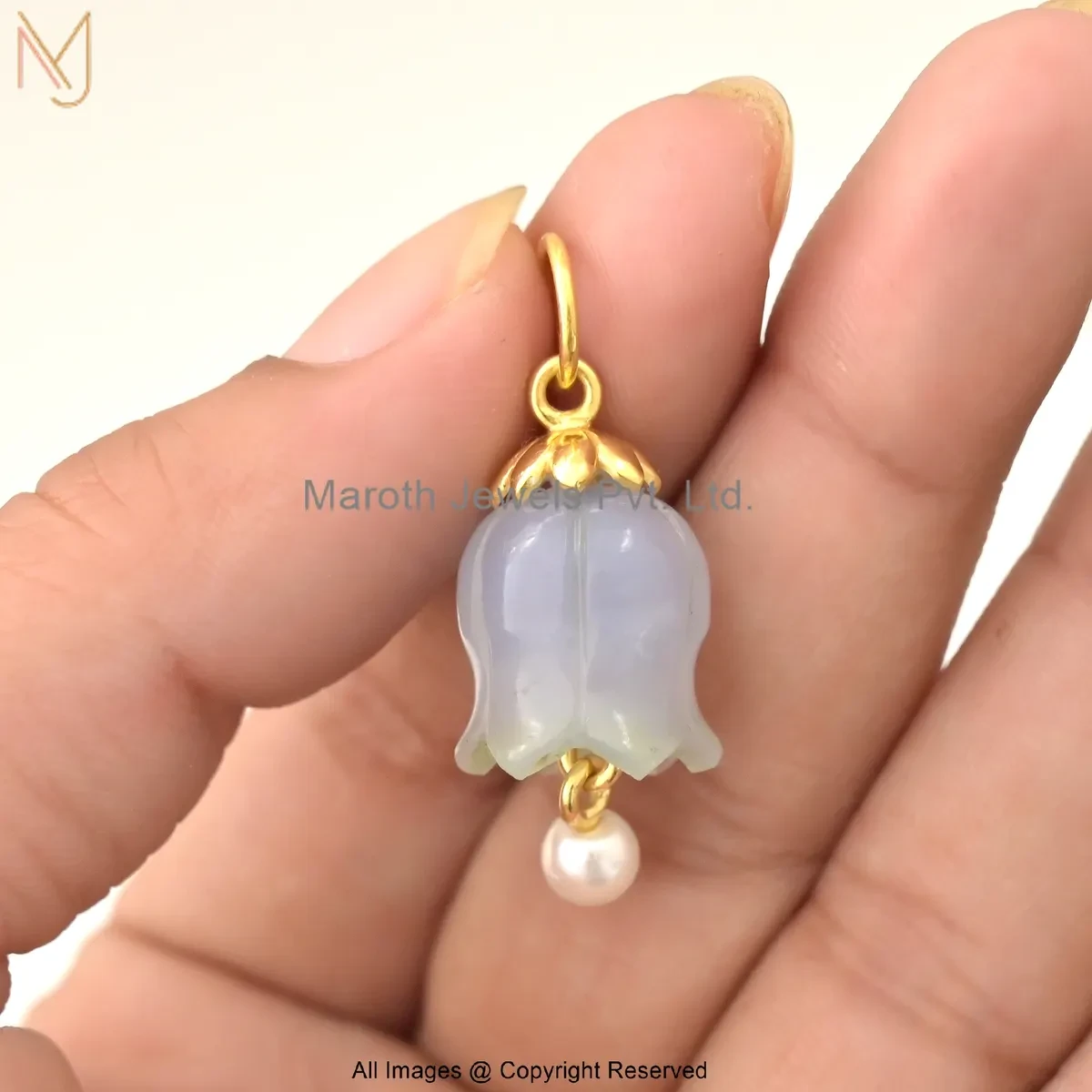 925 Silver Yellow Gold Plated Gemstone “Bell Flower Pendant With Pearl Drop” Manufacturer