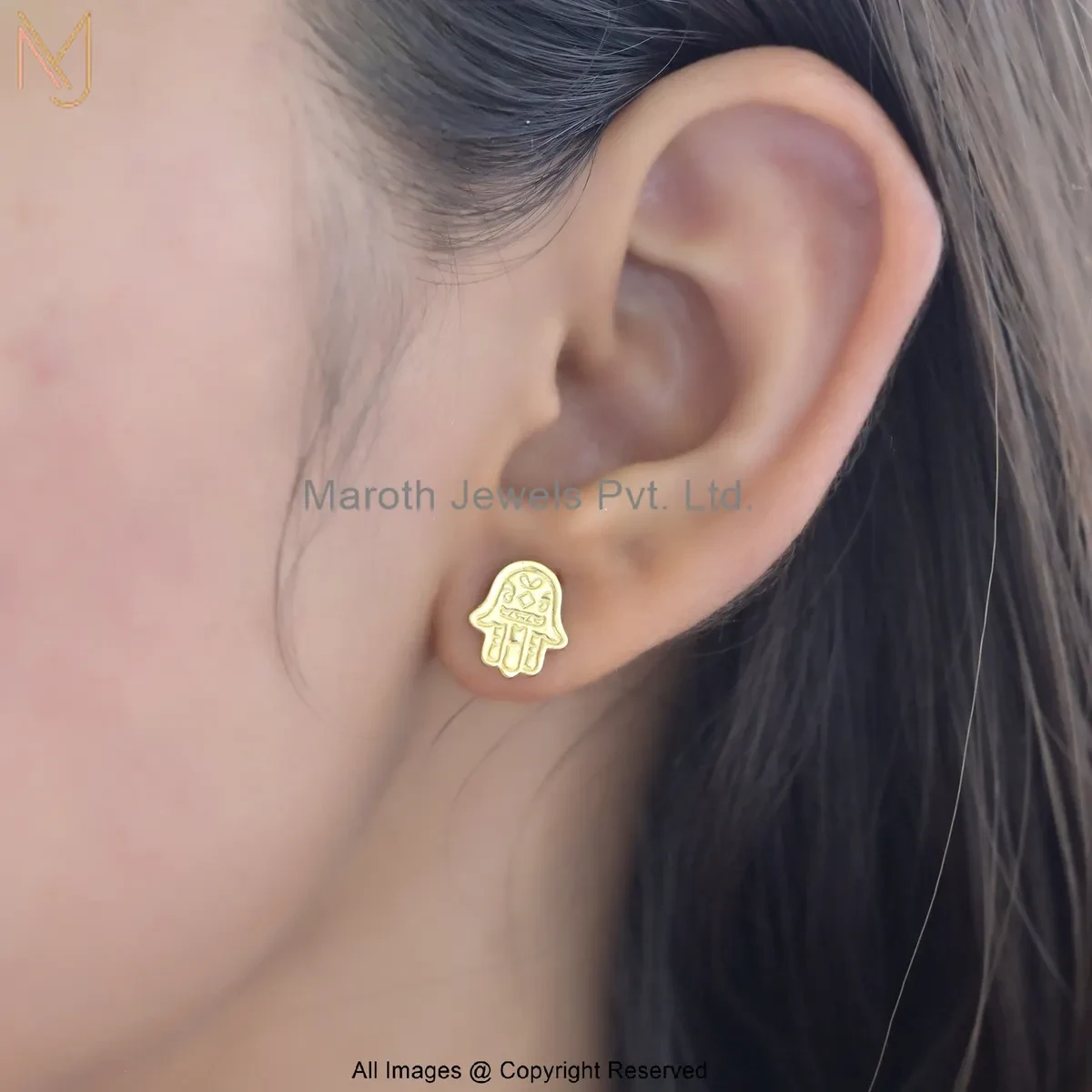 925 Silver Yellow Gold Plated Gold Hamsa Stud Earring Custom Jewelry
