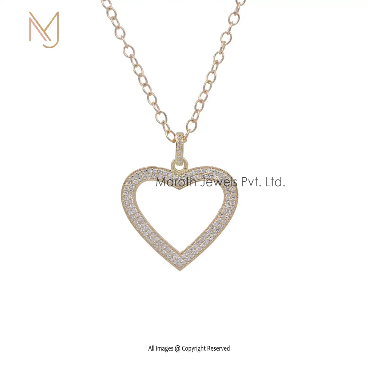 14K Yellow Gold Cubic Zircon Pave Diamond Setting Heart Pendant Custom Jewelry