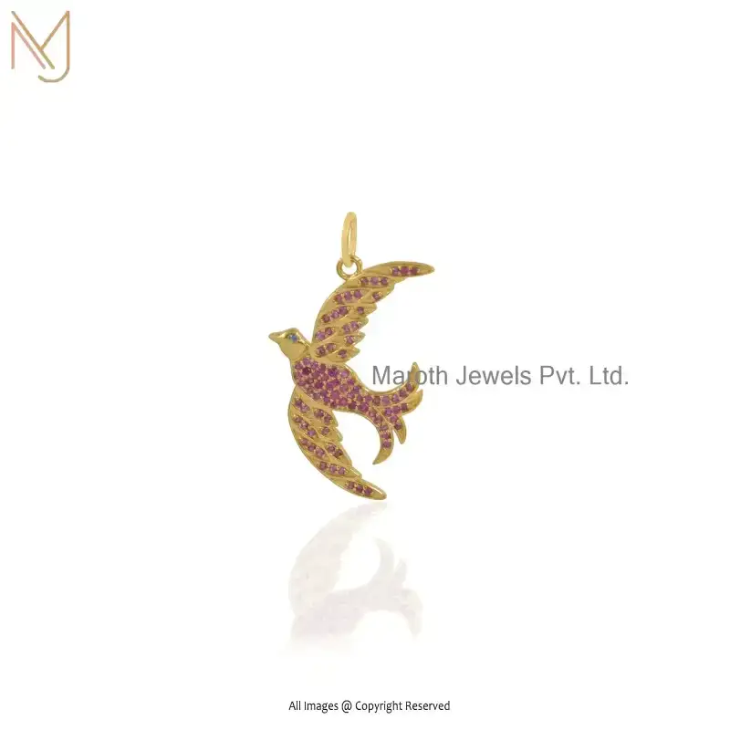 925 Sterling Silver Yellow Gold Plated Ruby Swallow Pendant Custom Jewelry