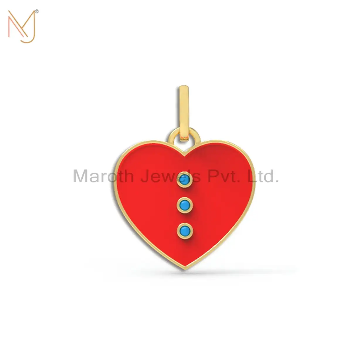 14K Yellow Gold Turquoise Gemstone Red Enamel Heart Pendant Custom Jewelry