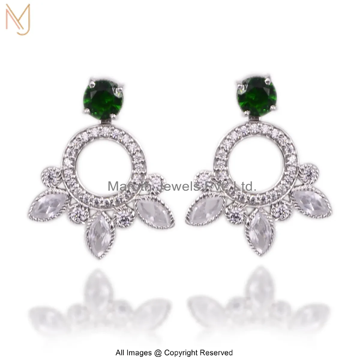Private Lable 925 Sterling Silver White Gold Plated Emerald Diamond Floral Leaf Shaped Drop Stud Earring
