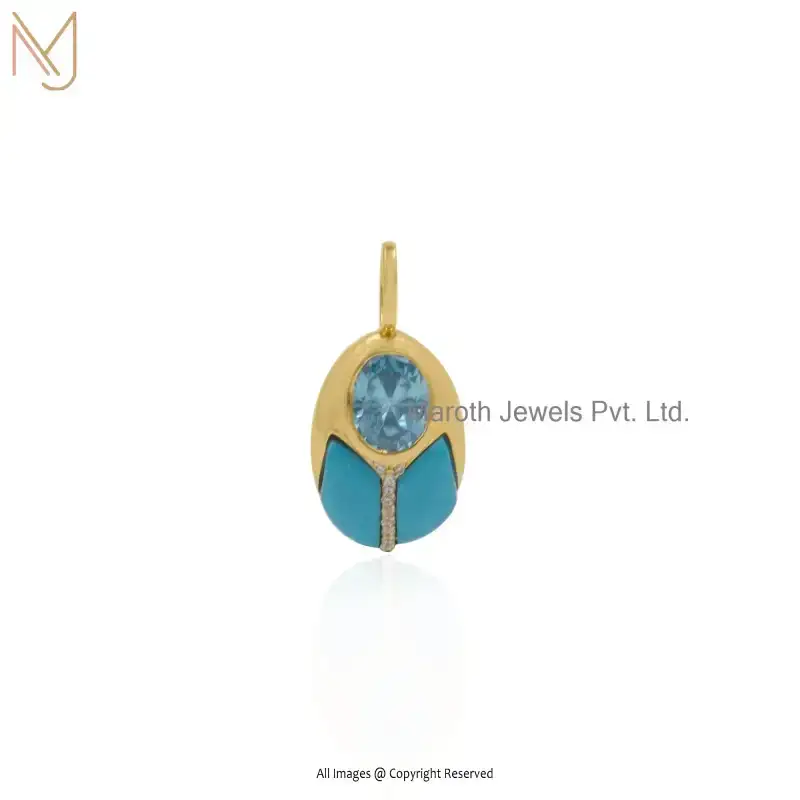 14K Yellow Gold Turquoise OR Blue Topaz Gemstone Love Bug Pendant Jewelry Supplier