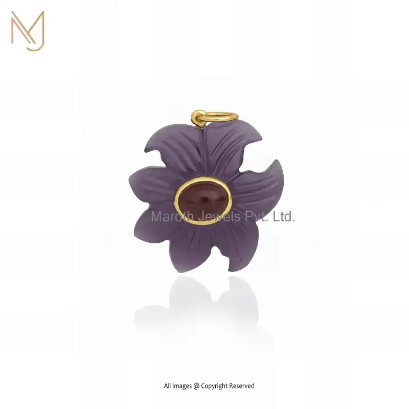 14K Yellow Gold Amethyst & Garnet Gemstone Flower Pendant Custom Jewelry