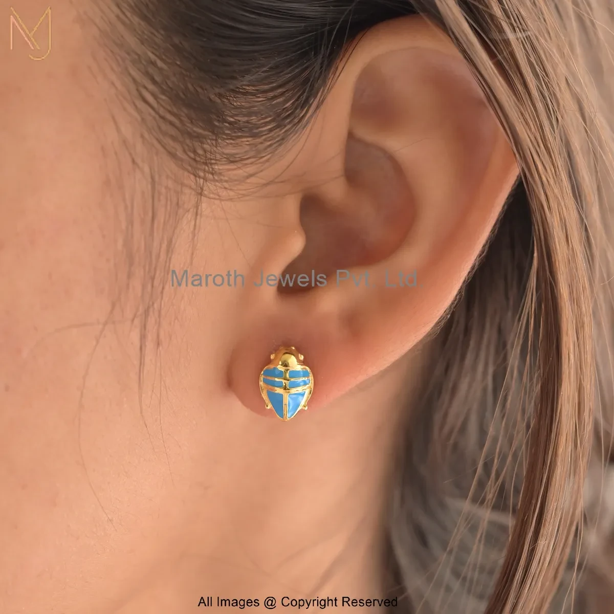 14K Yellow Gold Blue Enamel Scarab Beetle Stud Earring Custom Jewelry