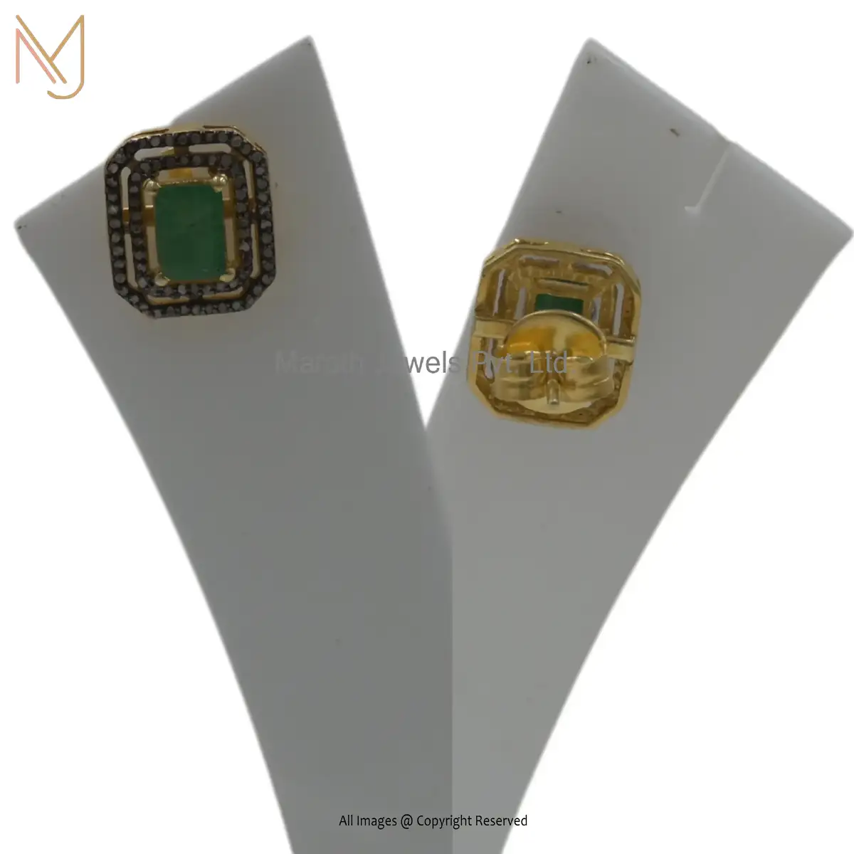 925 Silver Rhodium Yellow Gold Plated Pave Diamond Emerald Stud Earring Manufacturer