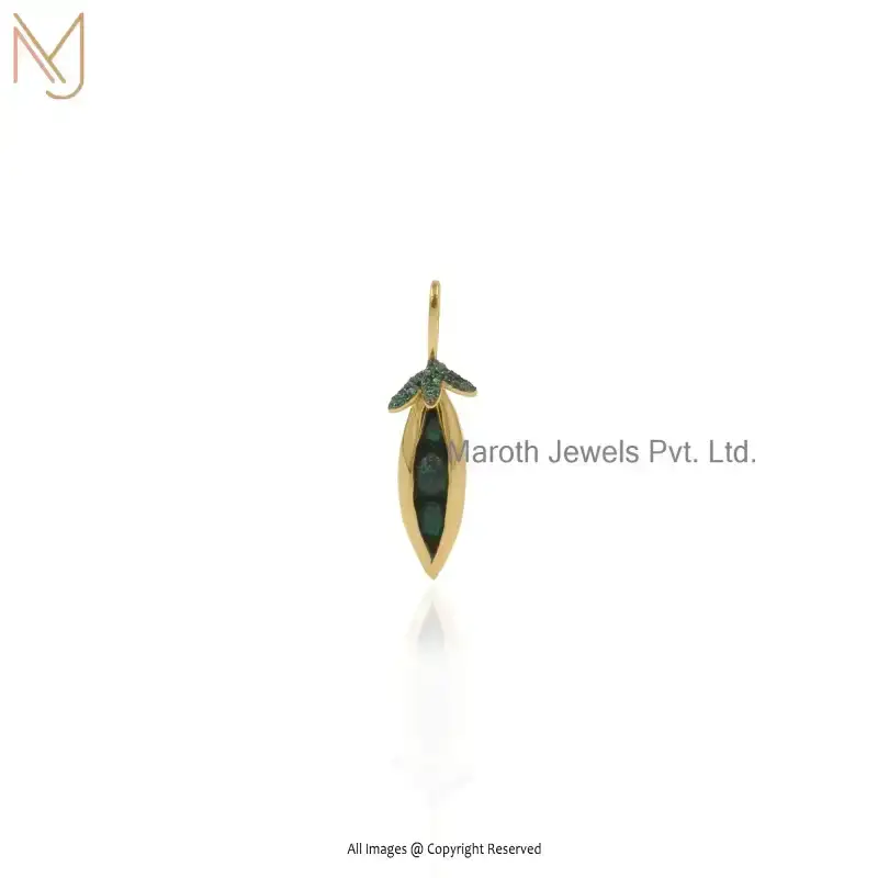 14K Yellow Gold Chrysoprase & Green CZ Peas Gemstone Pendant USA