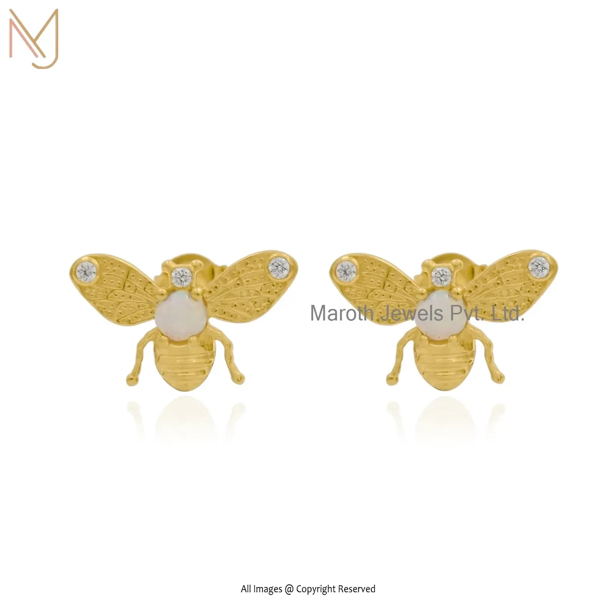 14K Yellow Gold Ethiopian Opal And Cubic Zircon Honey Bee Stud Earring USA