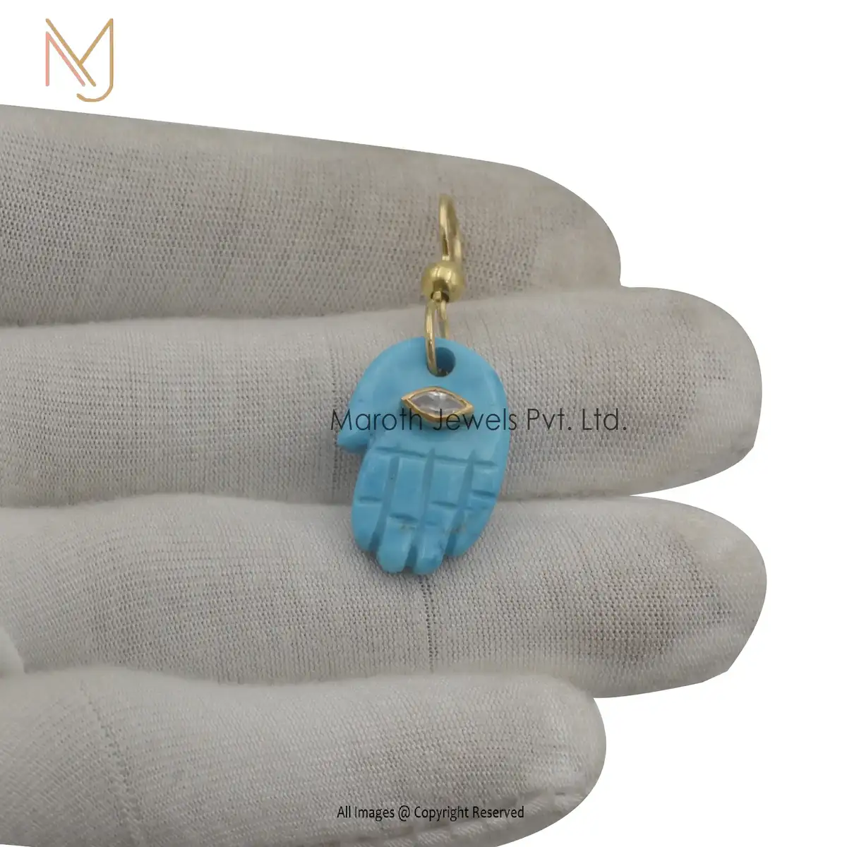14K Yellow Gold Turquoise & Black Onyx Figa Hand Pendant Manufacturer